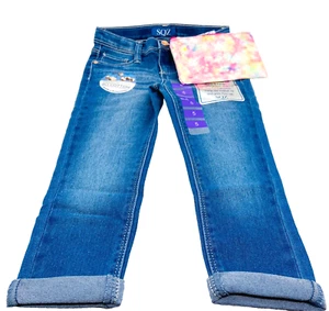 Girls Jeans Size 5 Rolled Ankle Crop Denim w Pink Hearts Pouch SQZ NWT - Picture 1 of 8