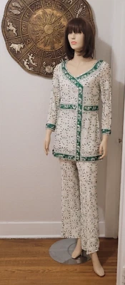 VTG 1960s Mod Beaded Lace 2 pc Pantsuit Regalia Imports Wedding Tunic Mini M/L - Image 1 of 4