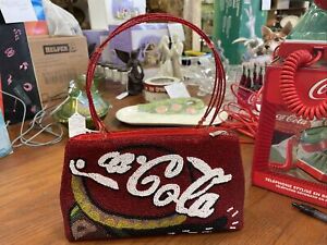Coca Cola Vintage Handmade Beaded Handbag With Handles. Red Satin Lining