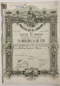 CITTÀ  DI PAVIA 1917 PRESTITO DI LIRE AZIONE SCRIPOFILIA 1 OBBLIGAZIONE LIRE 100 - Picture 1 of 8
