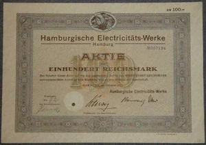 Lot 100 X Hamburgische Electricitäts-Werke 1931 100 RM - Bild 1 von 1