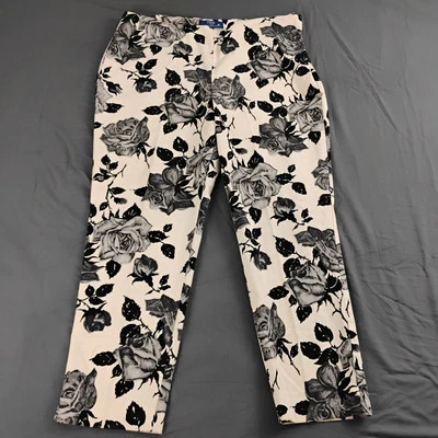 Pantalones al tobillo de terciopelo para mujer RSVP By Talbots talla 16 florales negros/blancos elásticos  Foto 1 de 4