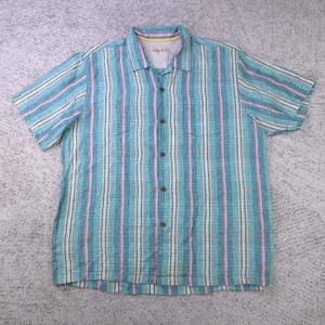 Tommy Bahama Shirt Men XL Linen Camp Hawaiian Striped Aqua Teal Short Sleeve GUC - Picture 1 of 8