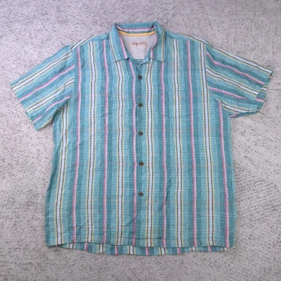 Tommy Bahama Shirt Men XL Linen Camp Hawaiian Striped Aqua Teal Short Sleeve GUC - Image 1 of 4