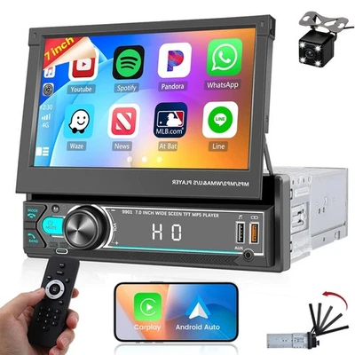 Single 1DIN Car Stereo MP5 Radio Flip Out 7" Touch Screen w/CarPlay&Android Auto - Image 1 of 4