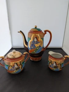 Antique Japanese Satsuma Tea Set :Sugar & Lid, Creamer, VGC, Heavy Moriage - Picture 1 of 10