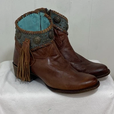 Corral Concho Botines Mujer 9.5 Coñac Turquesa Cuero Flecos Tachonados Foto 1 de 4