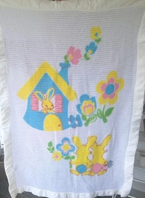 vintage waffle weave baby blanket satin trim bunny rabbit acrylic baby morgan - Image 1 of 4