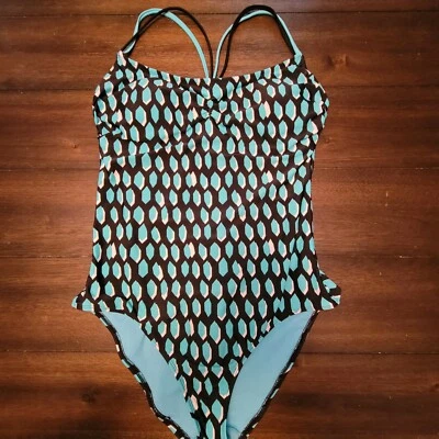 Women's Swimsuit One-Piece Size L Black Turquoise White Geometric Print Pretty - Imagem 1 de 4