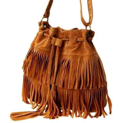 Western Fringe Crossbody Bag Boho Shoulder Purse Tassels Drawstring Bucket Bag - Image 1 of 4