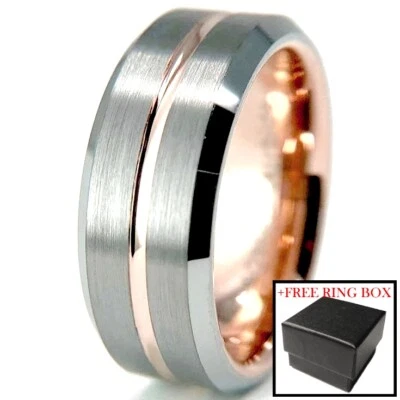 Anillo de boda fino de carburo de tungsteno de plata de 8 mm línea de oro rosa cómodo  Foto 1 de 4
