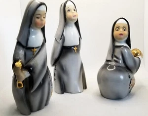 VTG Lefton Nun Figurines Baseball and Bowler K1428 Japan Set Of 3 - Picture 1 of 3