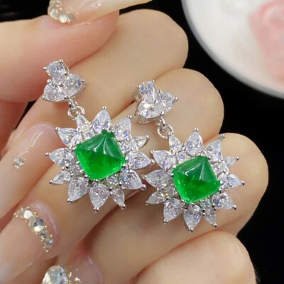 New Charm Flower Sugar Tower Green Citrine Gems Women Dangle Silver Earring - Image 1 of 4