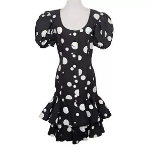 Vintage 80er Victor Costa Damenkleid gepunktet Größe 8 schwarz Puffärmel Party - Bild 1 von 13