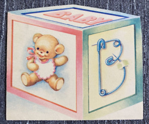 Greeting Gift Card Baby Blocks Teddy Safety Diaper Pin Rattle Vintage Miniature