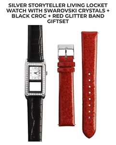 Origami Owl Storyteller Locket Watch w/Black Croc Band PLUS Red Sparkle band SET