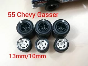 REAL RIDERS WHEELS RUBBER TIRES 55 CHEVY GASSER 3 SETS 1/64 HOT WHEELS Black/Chr - Picture 1 of 3