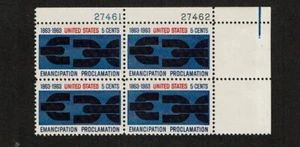 1963 U.S Commem 5c EMANCIPATION Plt #Blk of 4 Sc#1233 M/NH/OG/Pristine - Picture 1 of 1
