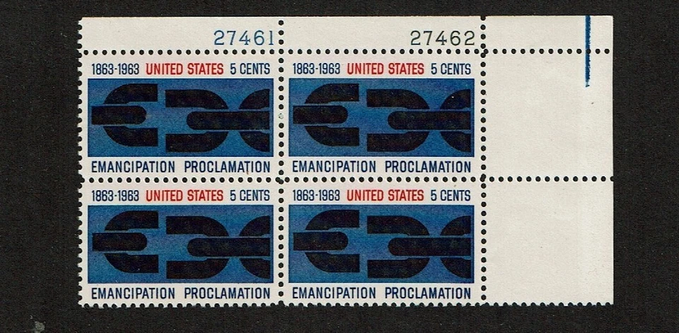 1963 U.S Commem 5c EMANCIPATION  Plt #Blk of 4 Sc#1233 M/NH/OG/Pristine - Image 1 of 1
