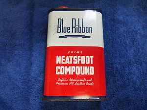 Vintage Tin Blue Ribbon Neatsfoot Compound Leather Preserver Display Can 1964 - Picture 1 of 9