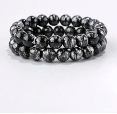 2pcs Set Mens Black Beaded Stone Glass Wristband Bangle Bracelet Cuff Birthday - Image 1 of 3