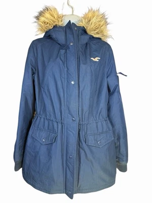 Hollister California Women’s All-Weather Jacket Size L Navy Blue Faux Fur Parka - Image 1 of 4