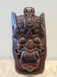 Balinese Barong Dark Solid Wood Mask Asian Wall Decor Hand Carved Bali 12' - Picture 1 of 11
