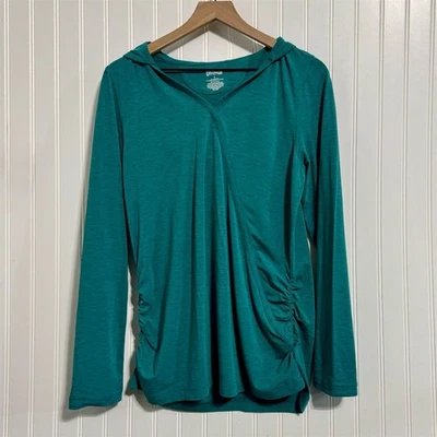 Duluth Trading Co Women's Large Merino Wool Blend Hoodie Tunic Teal Green Ruched - Image 1 of 4