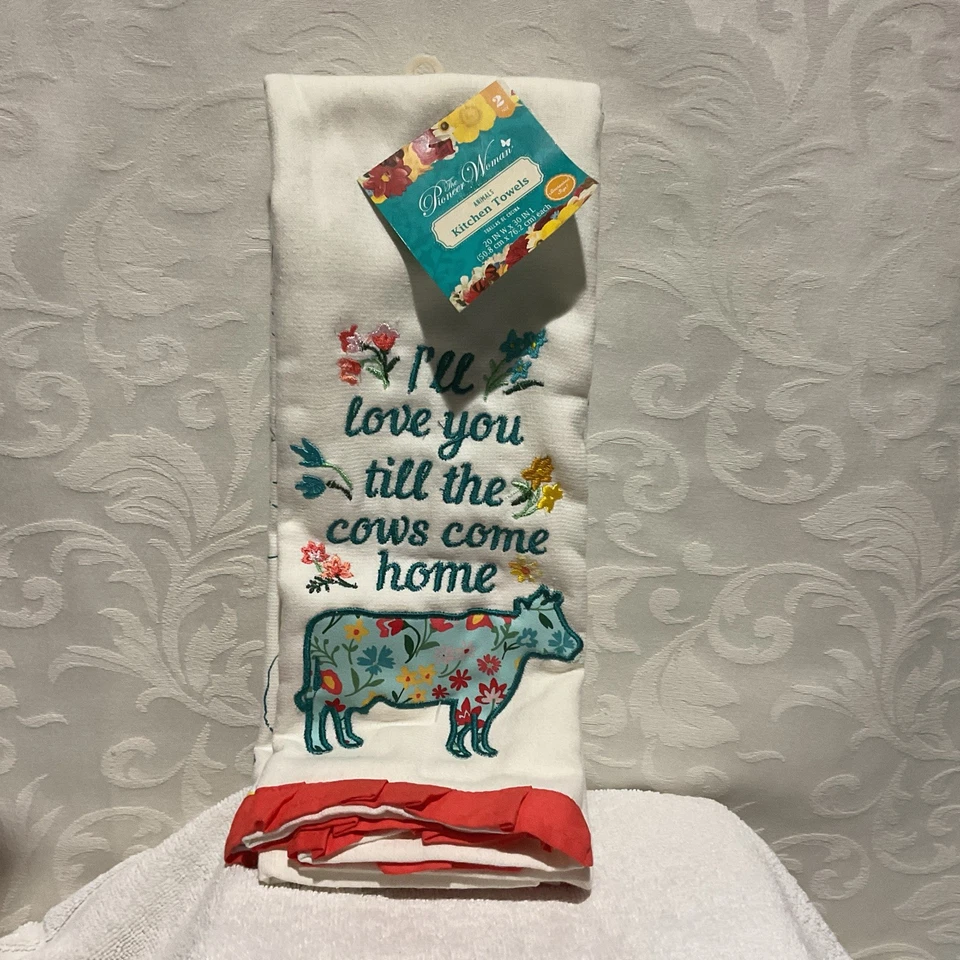 Juego de 2 toallas de cocina de granja de vaca floral dobladillo con volantes bordadas para mujer pionera Foto 1 de 4