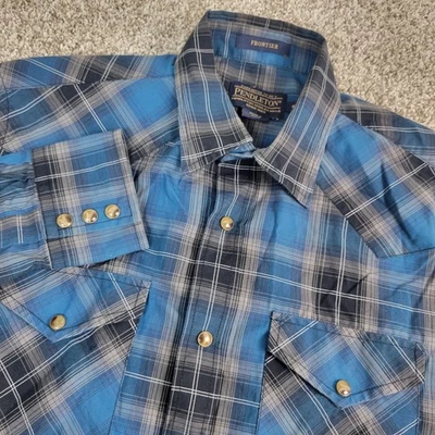 Pendleton Frontier Mens Small Black Blue Plaid Pearl Snap Long Sleeve - Image 1 of 4