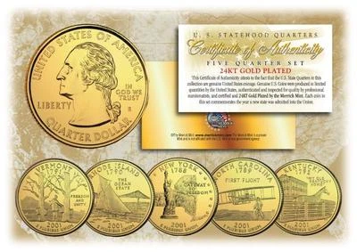 2001 GOLD 24K Clad U.S Mint State Quarters Complete Set of 5 Coins with Capsules - Image 1 of 2