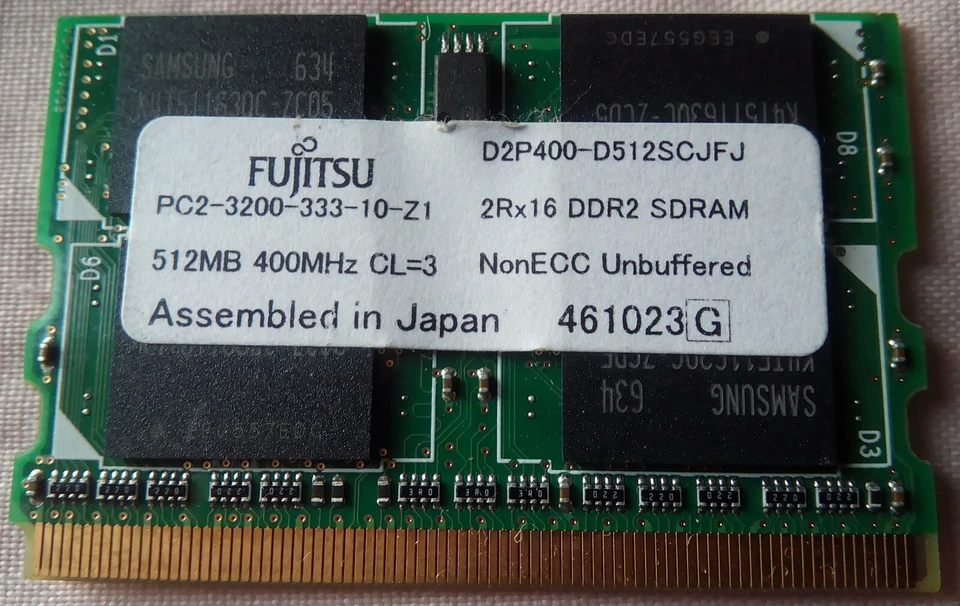 512MB MicroDIMM 172pin FUJITSU DDR2-400 PC2-3200 CL3 8ch. 32x16 D2P400-D512MBJF  - Image 1 of 1