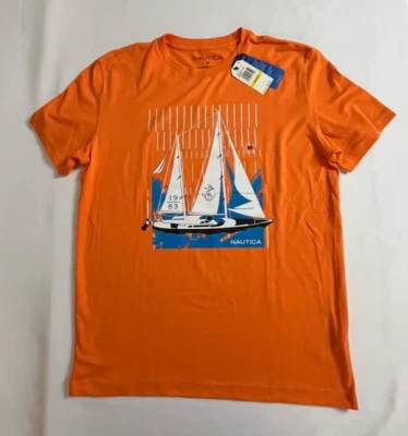 Camiseta masculina Nautica logotipo veleiro tripulação gráfica tamanho médio laranja - Imagem 1 de 3