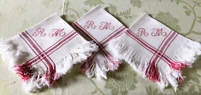 3 petites serviettes à thé damassé lin/soie monogramme RM - Photo 1/4