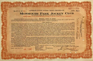 Monmouth Park Jockey Club Nueva Jersey Certificado de stock de pista de carreras de caballos - Imagen 1 de 1