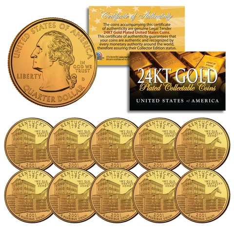 2001 Kentucky State Quarters U.S. Mint BU Coins 24K GOLD PLATED (LOT of 10) Cover