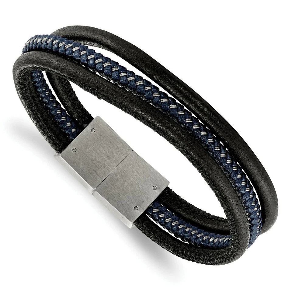 Chisel Men's Bracelet Stainless Steel Brushed Black and Blue Braided, 8 inch - Image 1 of 1
