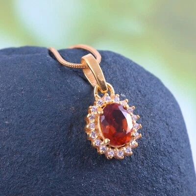 Collar Colgante Hessonita Natural Granate Halo Hecho a Mano Chapado en Oro 18k Plata Foto 1 de 3