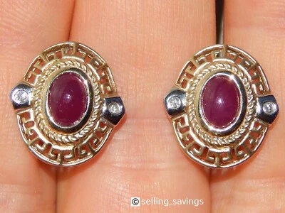 14K YELLOW GOLD 2.00 TCW CABOCHON RUBY & DIAMOND BYZANTINE OMEGABACK EARRINGS - Image 1 of 4