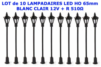 MODÉLISME LOT 10 LAMPADAIRES LED BLANC CLAIR HO 65mm  12V + R 510Ω JOUEF MKD - Immagine 1 di 4