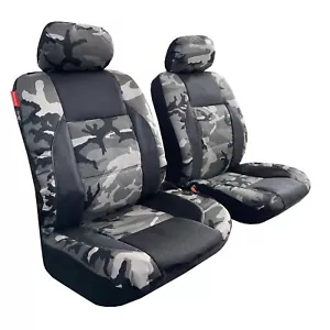 Black Grey Camouflage Cotton Canvas Car Front Seat Cover 2PCS For Universal - Picture 1 of 4