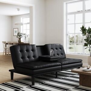 Futon Sofa Bed Memory Foam Pillowtop W/ Cupholder Black Dark Brow Vanilla Couch