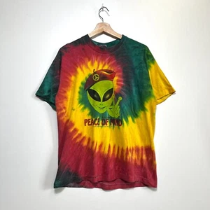 Vintage 90s Peace of Mind Tie-Dye T-shirt Size L Alien Peace Sign - Picture 1 of 13
