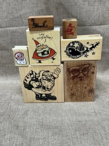 7 Santa Christmas Wood Mounted Rubber Stamps - Sleigh, Reindeer - Picture 1 of 4