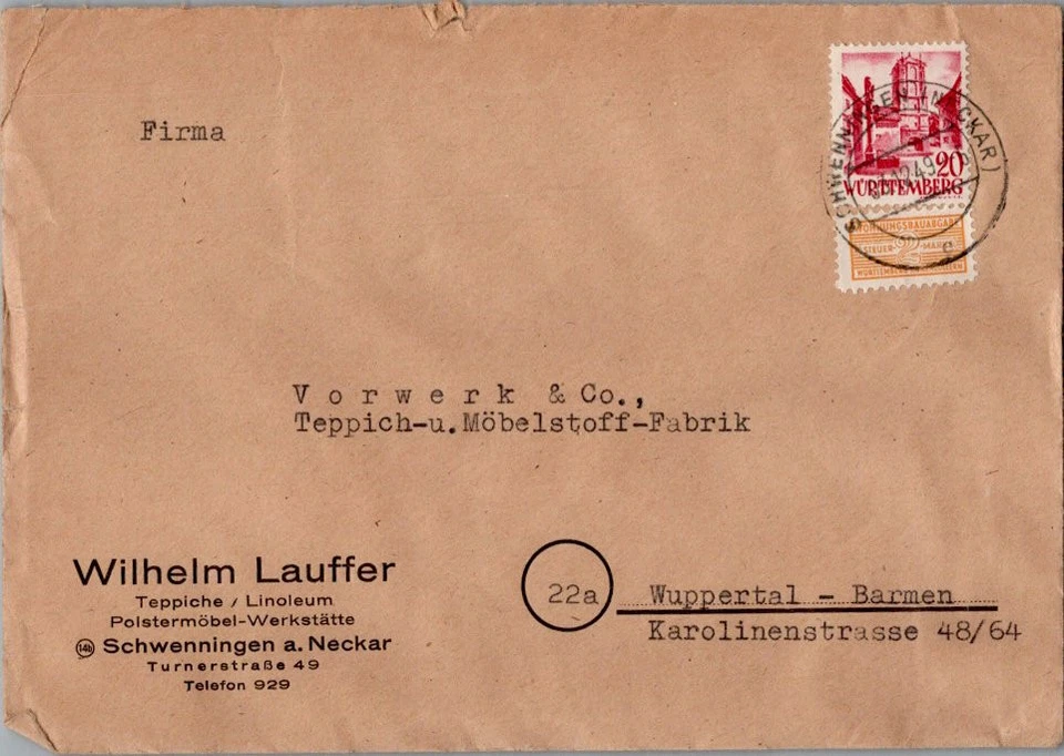 Germany Wurttemberg WW2 Occupation 2pf Orange Postal Tax and 20pf Town Gate of W - Image 1 of 1