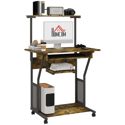 HOMCOM Rollbarer Computertisch mit Tastaturablage Ablage Regale Rustikal Braun - Bild 1 von 4