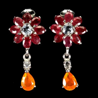 925 Sterling Silver Earrings Pear Orange Opal 7x5mm Ruby Gemstone Jewelry - Image 1 of 4