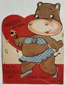 Vintage Valentinskarte Nilpferd Says Whoops My Dear I’m Hipped Up #b9 - Bild 1 von 2