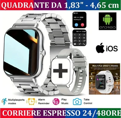 SMARTWATCH SILVER ACCIAIO + SILICONE CHIAMATE MESSAGGI ANDROID IOS SPORT 1,83" - Immagine 1 di 4