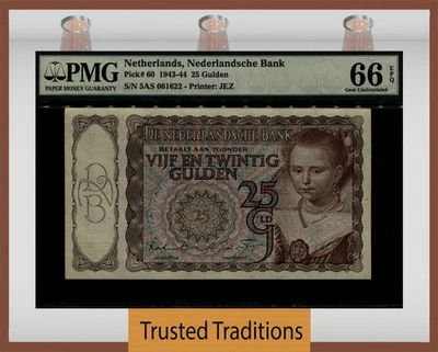 TT PK 60 1943-44 NETHERLANDS, NEDERLANDSCHE BANK 25 GULDEN PMG 66 EPQ GEM UNC - Image 1 of 2